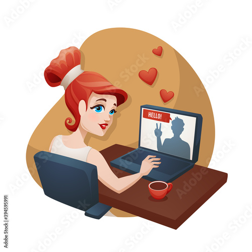 computer dating app, girl online  dating, vector cartoon illustration