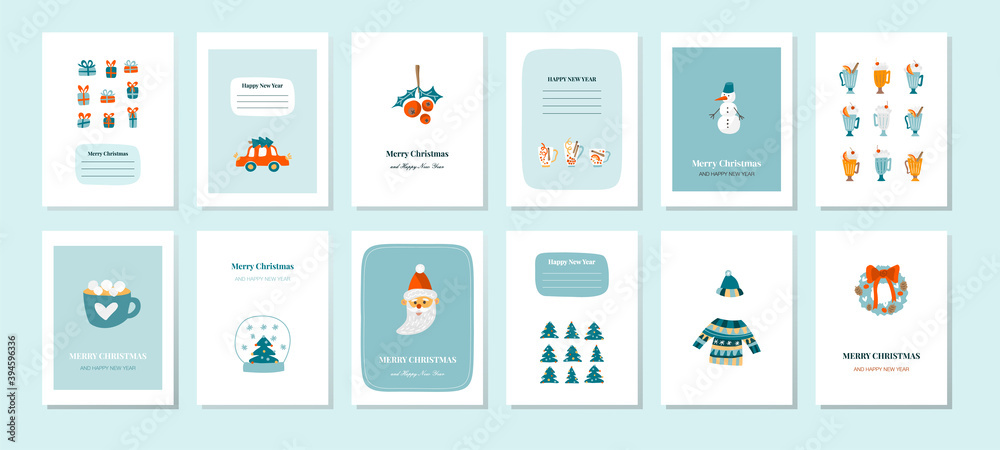 Collection of flat Christmas cards. New Year blue greeting cards with cute illustrations Christmas trees, gifts, snowman, drinks, Santa Claus, wreath. 12 trendy designer cards for the holiday Collection of flat Christmas cards. New Year blue greeting cards with cute illustrations Christmas trees, gifts, snowman, drinks, Santa Claus, wreath. 12 trendy designer cards for the holiday