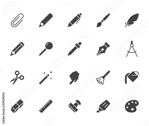 Drawing tools flat icons set. Pen, pencil, paintbrush, dropper, stamp, smudge, paint bucket minimal silhouette vector illustrations. Simple glyph signs for web interface