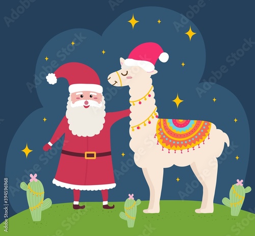 Christmas cartoon peruvian llama alpaca and Santa Claus vector graphic design. Animal with Peru colored cape on back. Green cactus with pink flower. Vector illustration dark blue background.