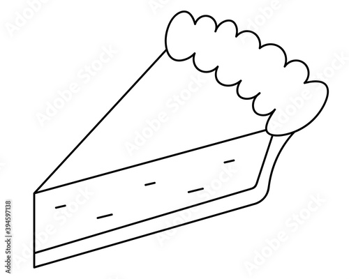 Piece of cake. Pastry with pumpkin. Vector illustration. Outline on an isolated white background. Doodle style. Sketch. Thanksgiving day symbol. Delicious snack cooked in the oven. Vegan food. 