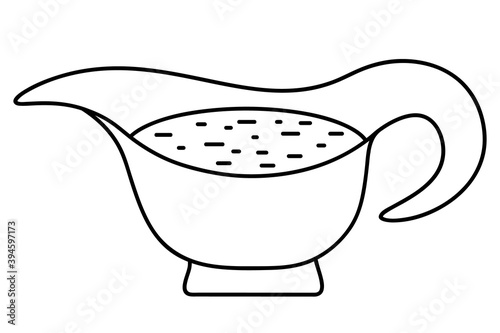 Sauce bowl. Vector illustration. Outline on an isolated white background. Doodle style. Sketch. Traditional gravy for a hot dinner. Ceramic mug for refueling. Container for syrup with a spout. Dishes 