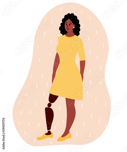 Black african woman with artificial leg stands smiling. Yellow dress. Cartoon vector illustration of disabled female with leg prosthesis. Inclusion concept