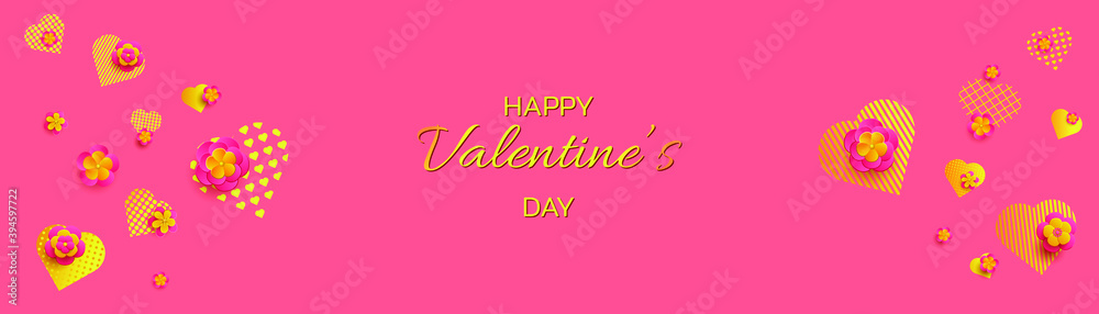 Valentine's Day background. Golden hearts and pink flowers. Vector illustration EPS10