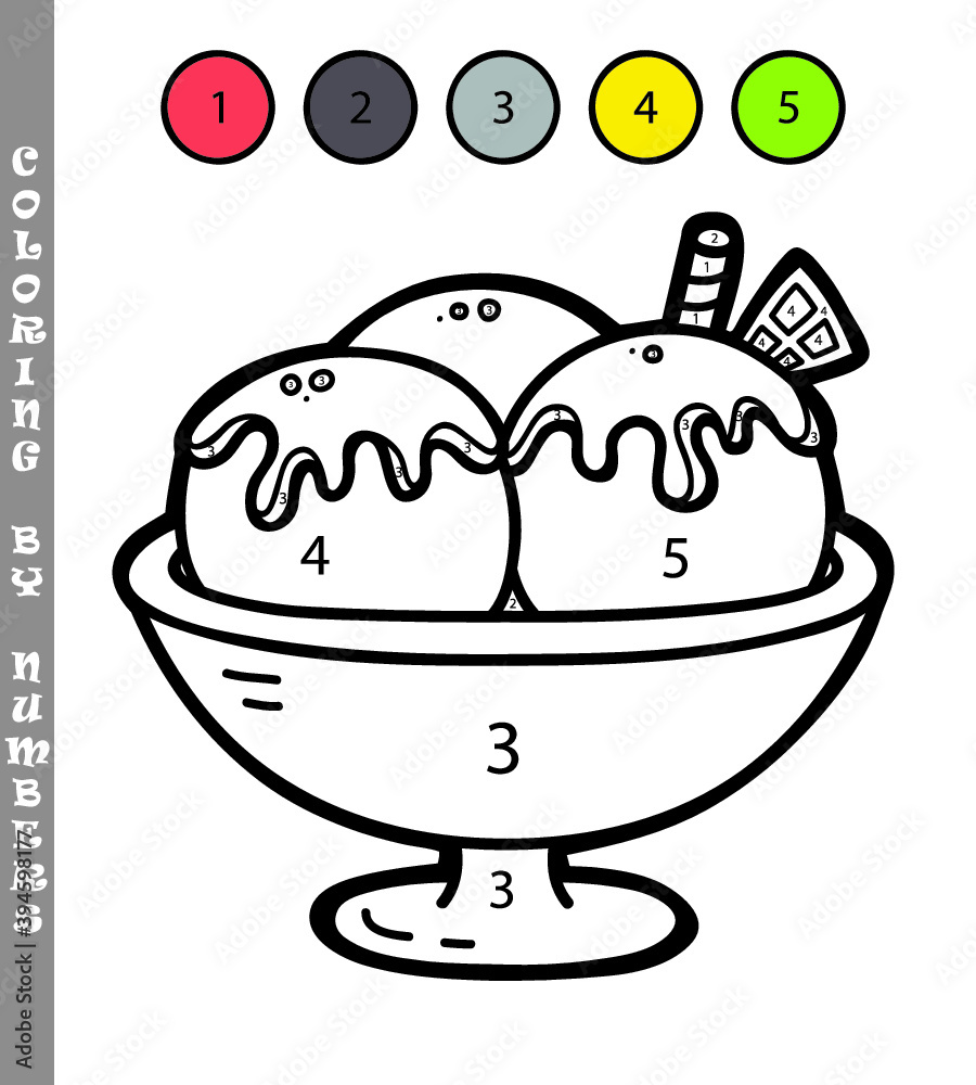 Vector illustration coloring by numbers game with cartoon ice cream for ...