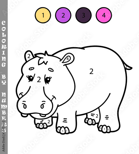 Vector illustration coloring by numbers game with cartoon hippo for kids