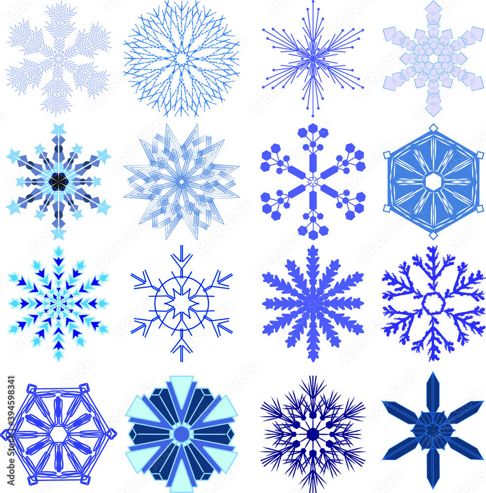 Fototapeta premium A set of snowflakes of various shapes. Winter symbol.