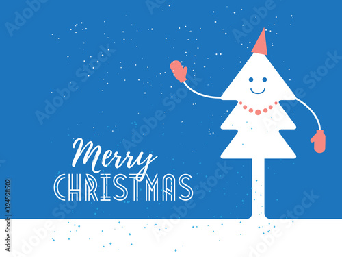 Merry Christmas. Poster Design with dressy smiling Christmas tree silhouette. Holiday background. The tree is dressed in mittens, a cap and decorated with beads.