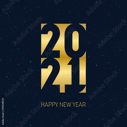 2021 holiday greeting card with confetti and glitter. Vector brochure design template with vertical inscription. Cover with wishes. Happy new year 20 21, background with gold letters and numbers.