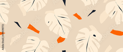 Hand drawn minimalist abstract pattern. Exotic jungle plant illustration. Creative collage contemporary seamless pattern. Fashionable template for design.