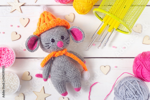 Handmade, little mouse Knitted toy top view