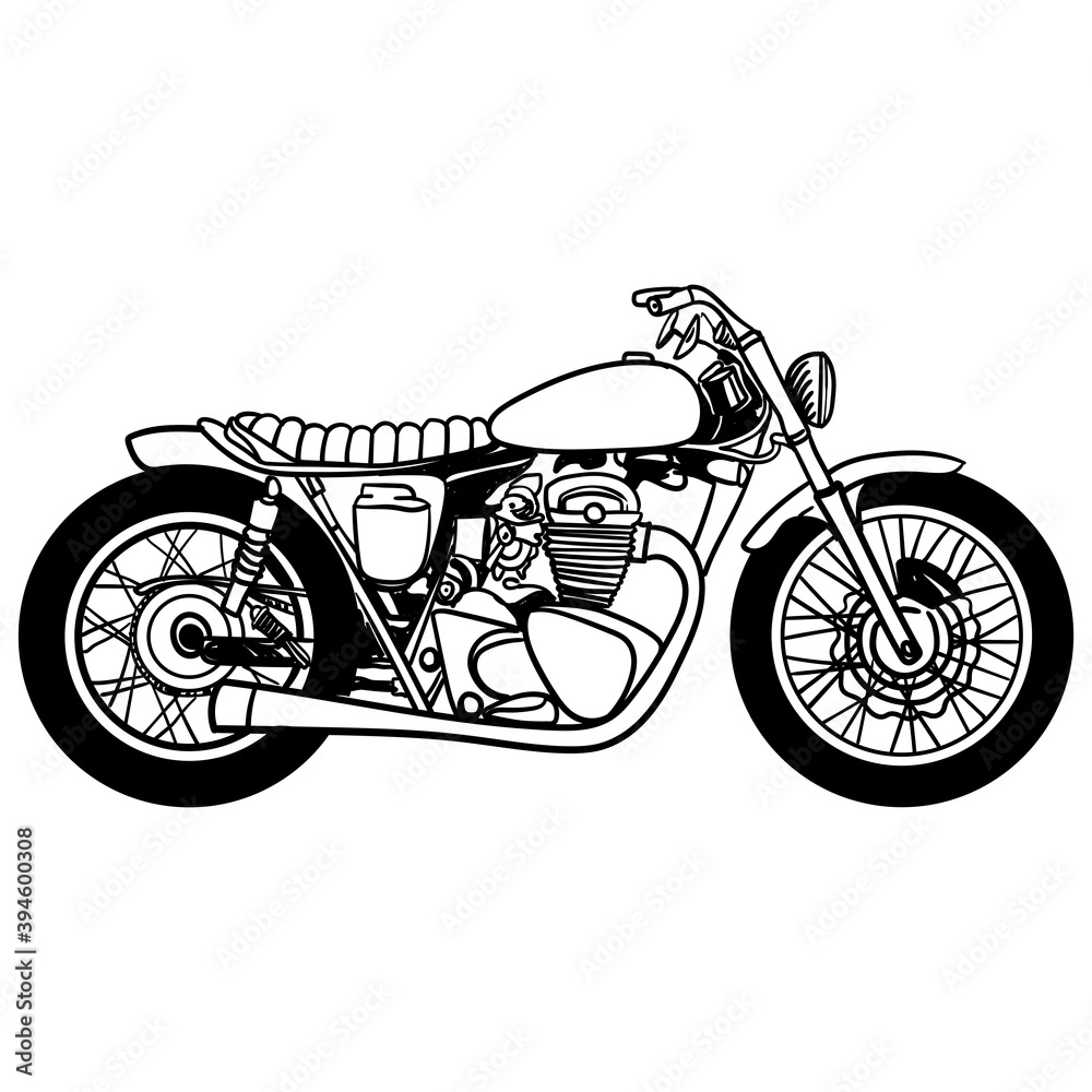 Vector motorcycle icon, hand drawing, black on white background, isolated. Silhouette of motorcycle. Vector Illustration