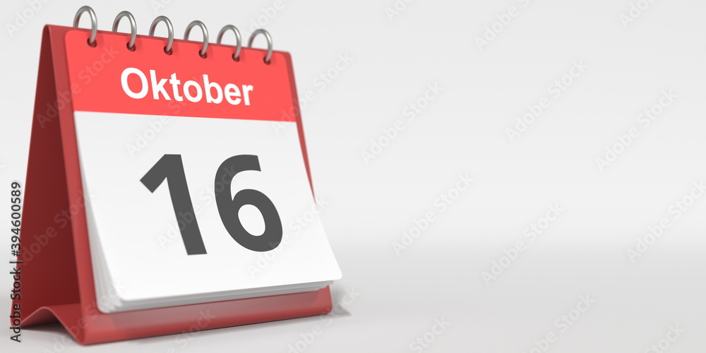 October 16 date written in German on the flip calendar page. 3d rendering October 16 date written in German on the flip calendar page. 3d rendering