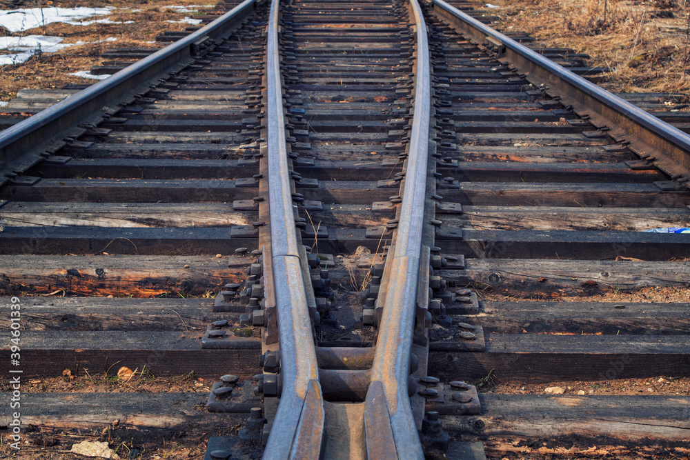 Railway in fog on station, outdoor landscape Railway in fog on station, outdoor landscape