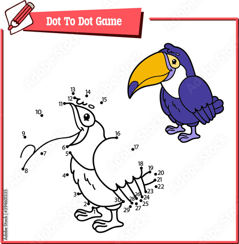 Vector illustration educational game of dot to dot puzzle with happy cartoon toucan for children