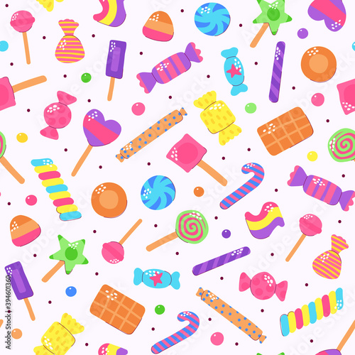 Cute multicolored candy set. Sugar Sweets on light background. Gummy, Chocolate, Caramel, Lollipops, Jelly, Peppermint, Marmalade, Drops of different shapes. Vector Scandinavian polka dot illustration