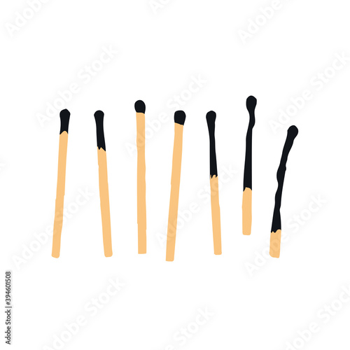 Set of flat vector safety matches. Wooden new and burnt, charred match sticks isolated on white background. Minimalistic matchstick symbol of Ignite, Fire, Burn, Flame, fire, Danger simple collection