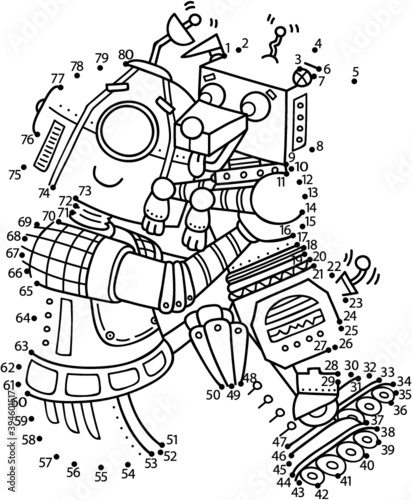 Vector illustration of dot to dot puzzle with happy cartoon robot for children