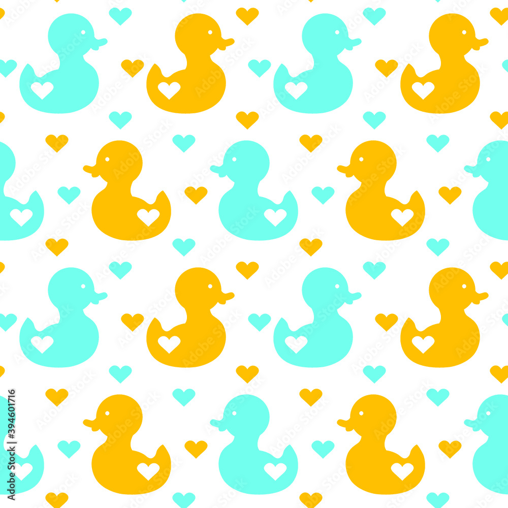 Vector seamless cute pattern with ducks and hearts