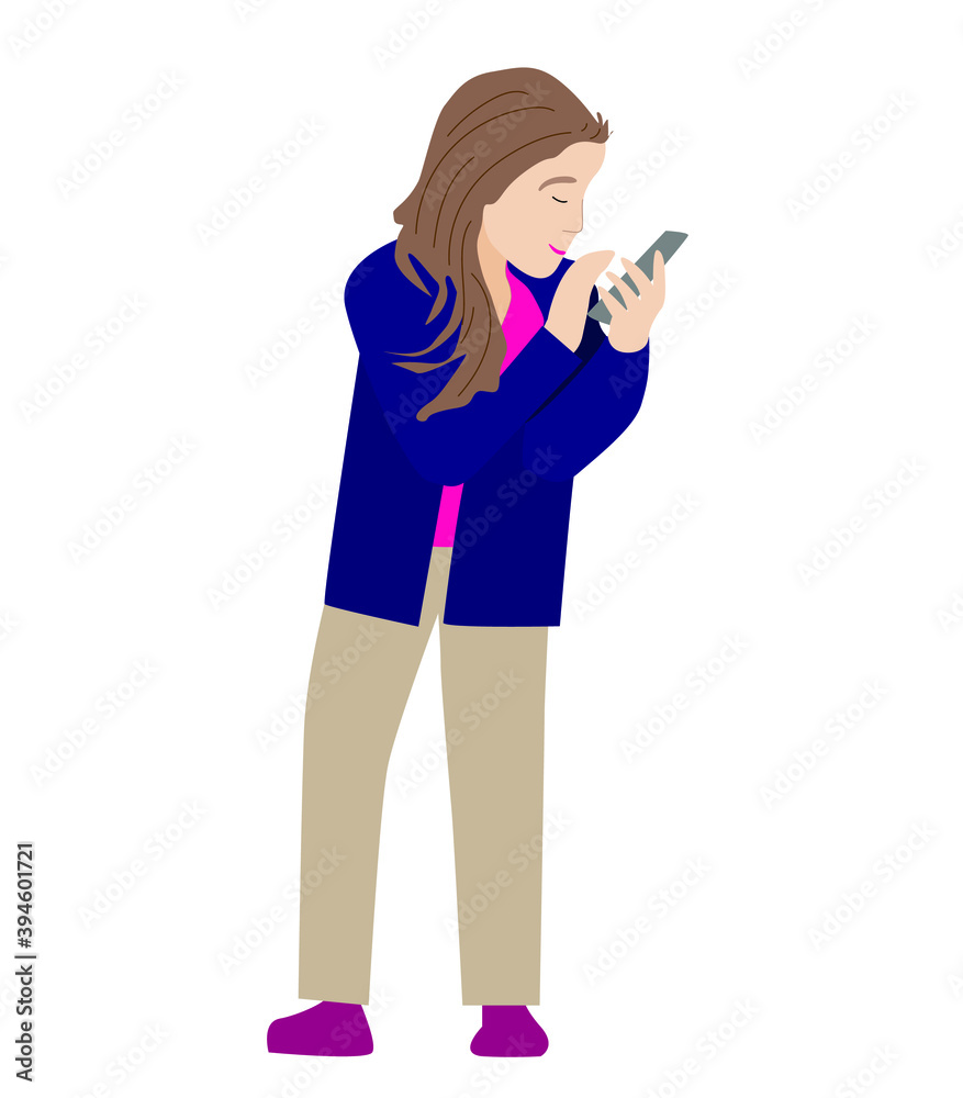 A young woman with the phone is a complete ROS on a white isolated background. A young woman with the phone is a complete ROS on a white isolated background.