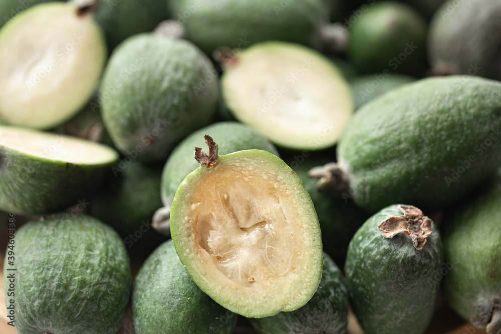Tropical feijoa berries of the guava family close up. Tropical feijoa berries of the guava family close up.