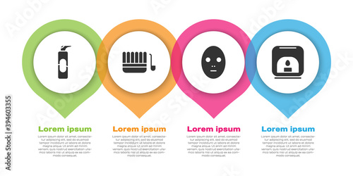 Set Spray can for hairspray, Sauna bucket and ladle, Facial cosmetic mask and Aroma lamp. Business infographic template. Vector.