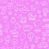 Vector outline seamless pattern for girl with toys