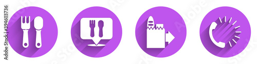 Set Fork and spoon, Cafe and restaurant location, Online ordering and delivery and Food ordering icon with long shadow. Vector.