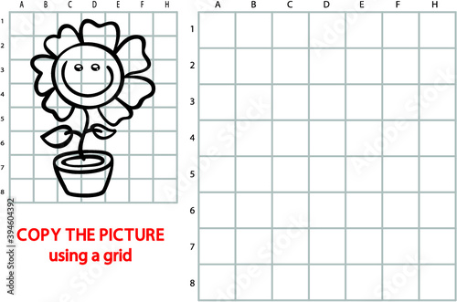 Vector illustration of grid copy puzzle with happy cartoon character for children