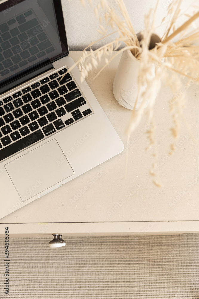 Flatlay of laptop computer on pastel beige table. Minimal boho styled home  office desk workspace. Flat lay, top view. Stock-Foto | Adobe Stock