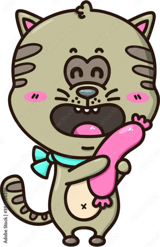 Vector illustration of happy cartoon cat with sausage Vector illustration of happy cartoon cat with sausage