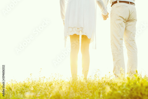 Midsection back view of couple holding hands on grass against sky