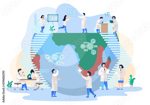 Scientists in lab. People in white coat, environmental investigators or chemical researchers with laboratory equipment analyze indicators. Illustration of science experiment in lab with half globe