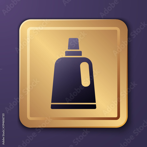 Purple Plastic bottle for laundry detergent, bleach, dishwashing liquid or another cleaning agent icon isolated on purple background. Gold square button. Vector.