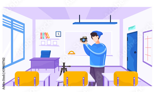 A photographer with a camera takes pictures of pupils. Lesson in photographic art. A young man shows students his camera. Photoshoot lesson in class. Group having online educational courses