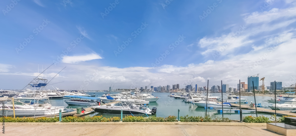 Panoramic view at the marina and downtown Luanda, bay of Luanda, marginal and central buildings, in Angola