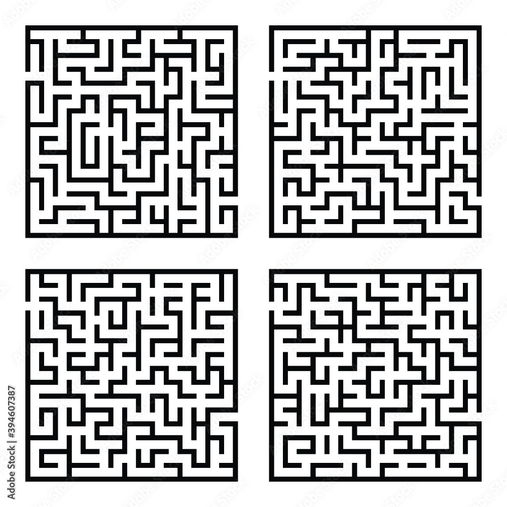 Vector illustration of simple four labyrinths in set