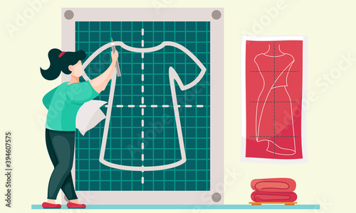 Designer is drawing a pattern. Female dressmaker is planning future clothes. Girl outlines a sketch for a dress and. Custom tailoring for clients. Woman with a pencil isolated on white background
