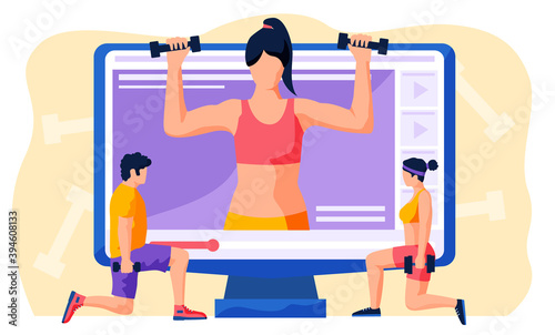 Man and woman athletes doing lunges with dumbbells in their apartment. People repeat exercises behind a girl trainer on a computer monitor. Sports video blog. Online training. Workout at home
