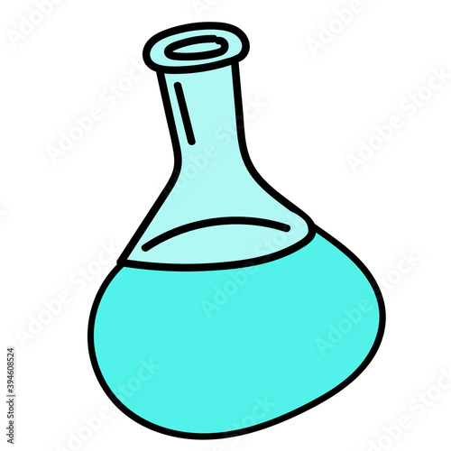 glass test tube with blue medicine, isolated object, vector medical doodles