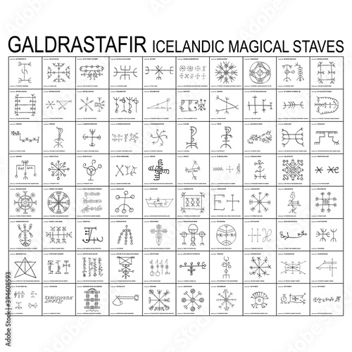 Vector icon set with Galdrastafir Icelandic Magical Staves with their meanings photo