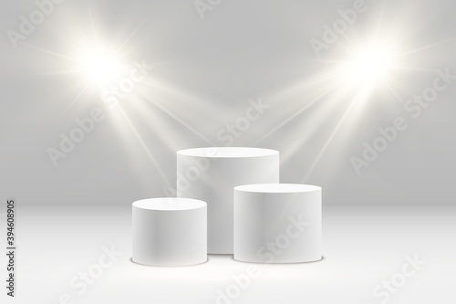 White podium or platform with spotlights. A pedestal for rewarding the winners.