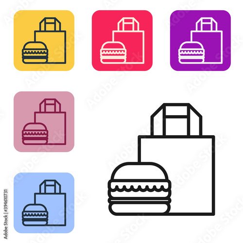 Black line Online ordering and burger delivery icon isolated on white background. Set icons in color square buttons. Vector Illustration.