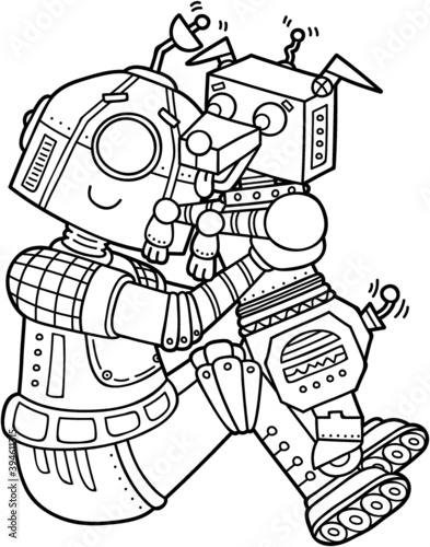 Vector illustration of cute cartoon robot character with dog for children, coloring and scrap book