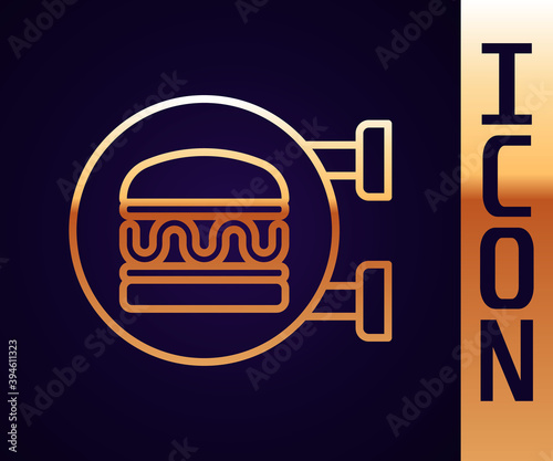 Gold line Online ordering and burger delivery icon isolated on black background. Vector.