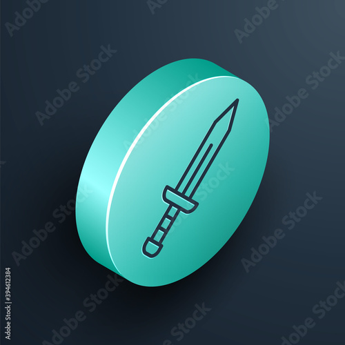 Isometric line Sword icon isolated on black background. Medieval weapon. Turquoise circle button. Vector.