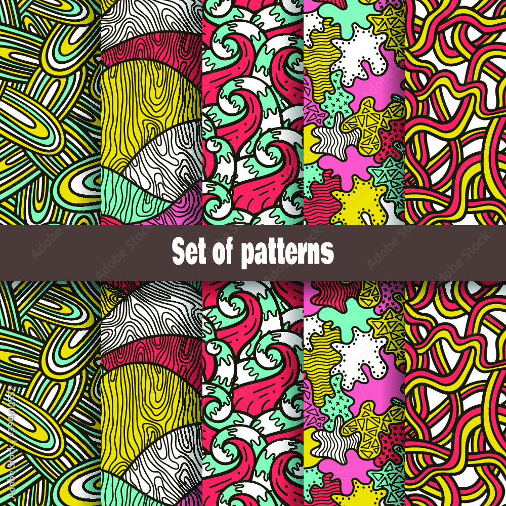 Cute abstract seamless pattern collection. Vector set of hand drawn seamless patterns with different abstract shapes