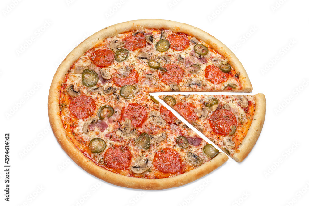 Photo of a whole Italian pizza and a cut slice for use in advertising a pizzeria, restaurant menu. Copy space for promo text. Photo of a whole Italian pizza and a cut slice for use in advertising a pizzeria, restaurant menu. Copy space for promo text.