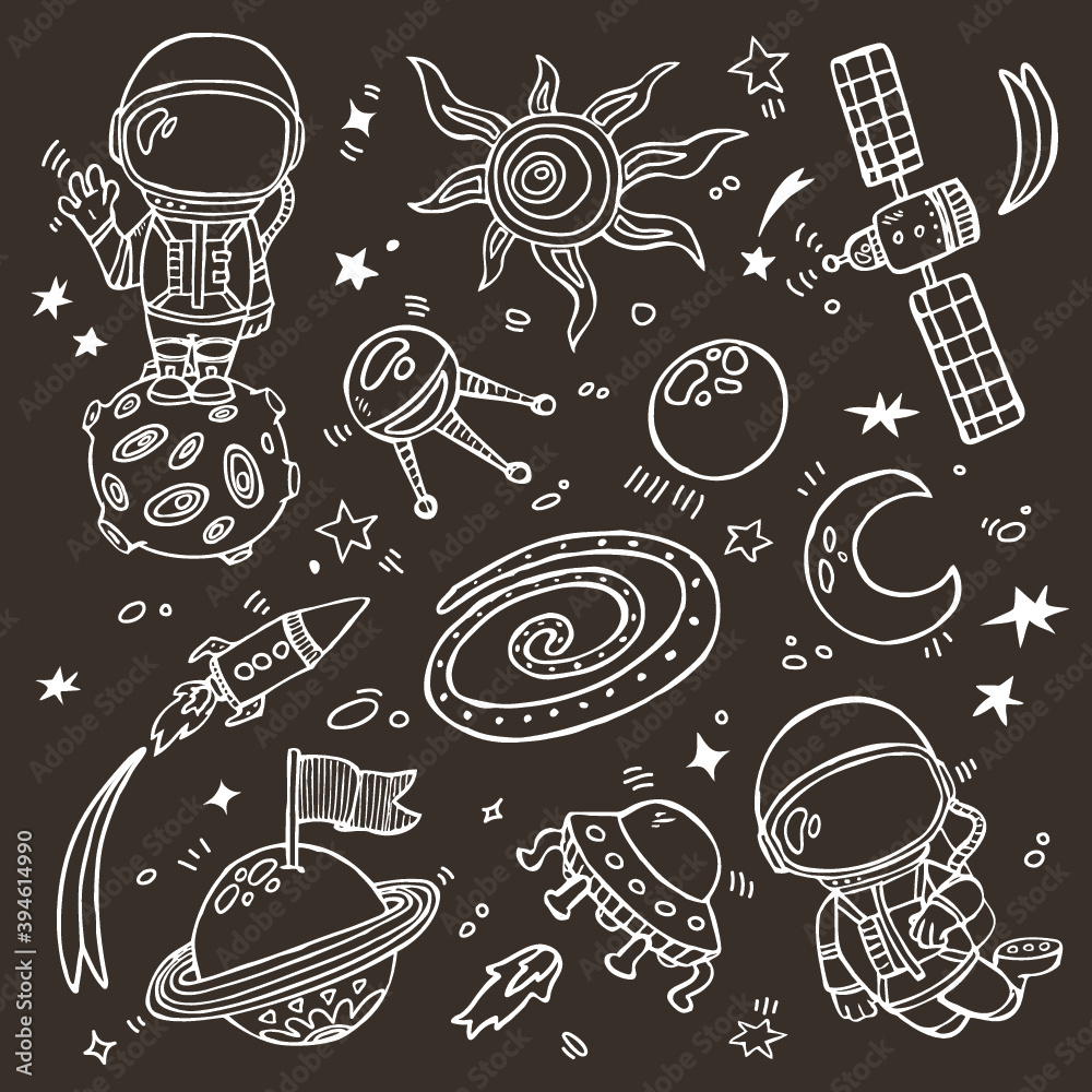 Set of vector doodle hand drawn outlines astronauts, planets, stars, spaceships for wallpapers, scrapbooking, web page backgrounds, textile