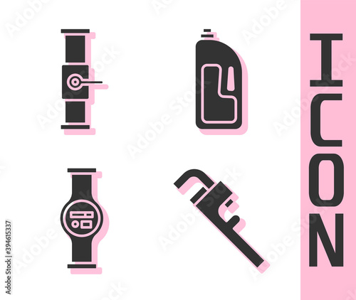 Set Pipe adjustable wrench, Industry pipe and valve, Water meter and Container with drain cleaner icon. Vector.